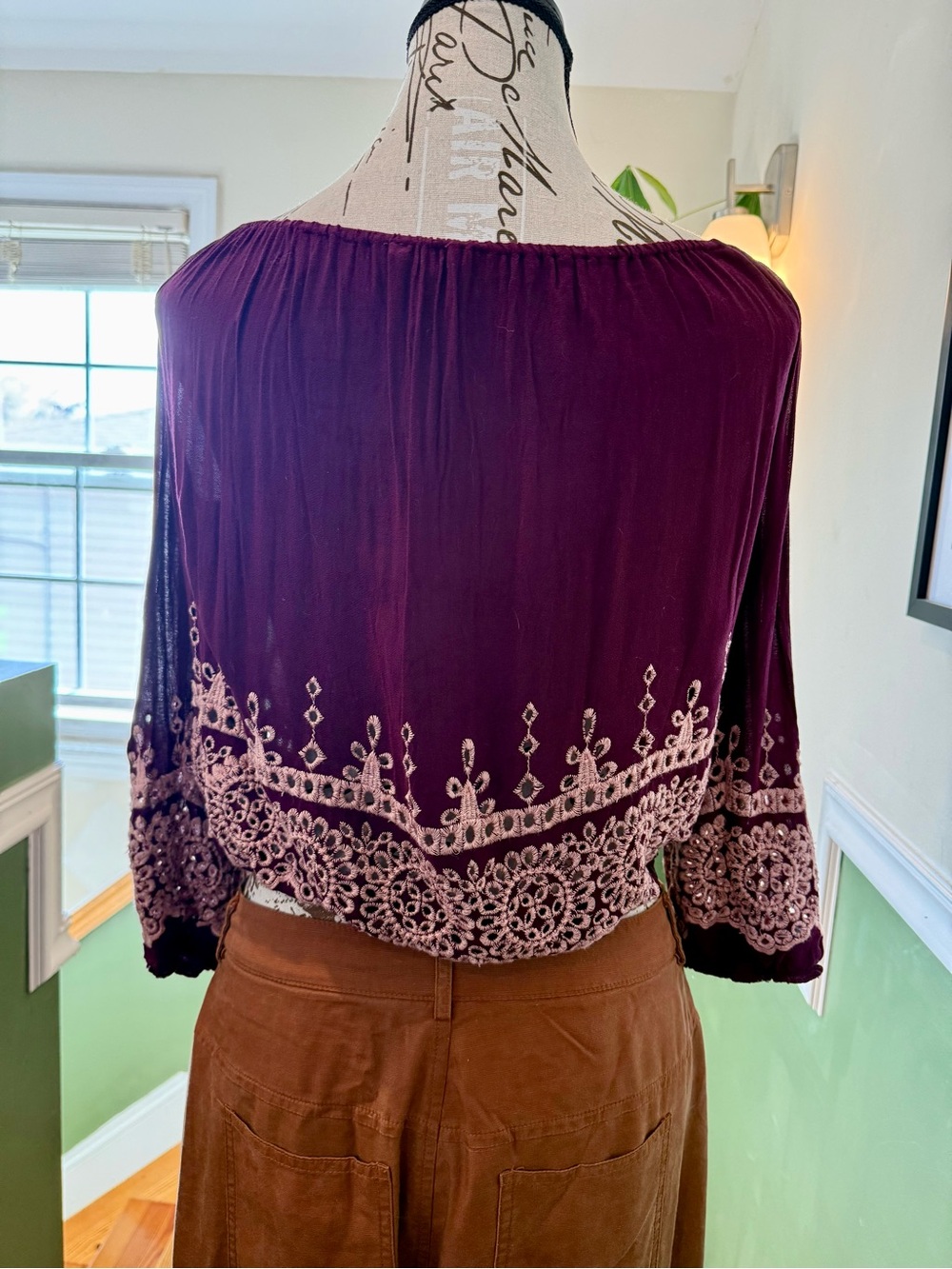 Women’s Off-Shoulder Embroidered Boho Top - Plum - Picture 3 of 5